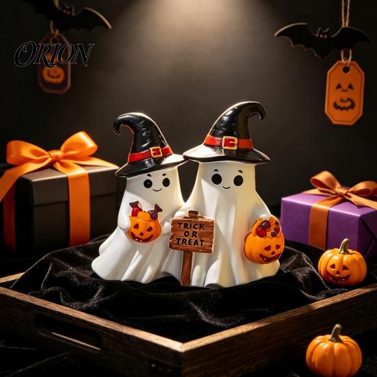 Halloween Mantel Countertop Decor Ghost Figurine, Cute Spooky Resin Statue with Retro Table Decorations Witch Hat for Table, Tiered Tray, Kitchen,