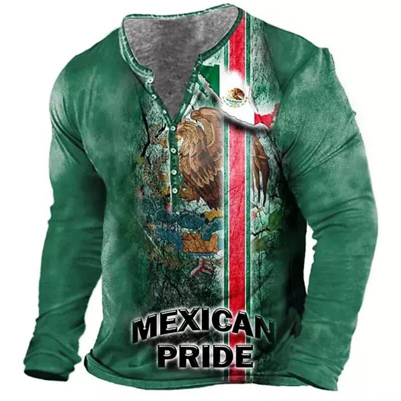 Evropské a americké slim fit plus size tičko bez límečku s potiskem, ležérní s dlouhým rukávem