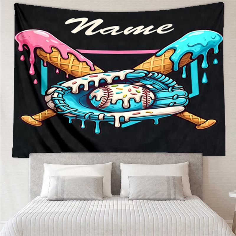 Custom Name Baseball Print Tapestry, Backdrop, Easy Setup, Ideal for Bedroom, Office & Living Room, with Aesthetic Wall Hanging Decor.