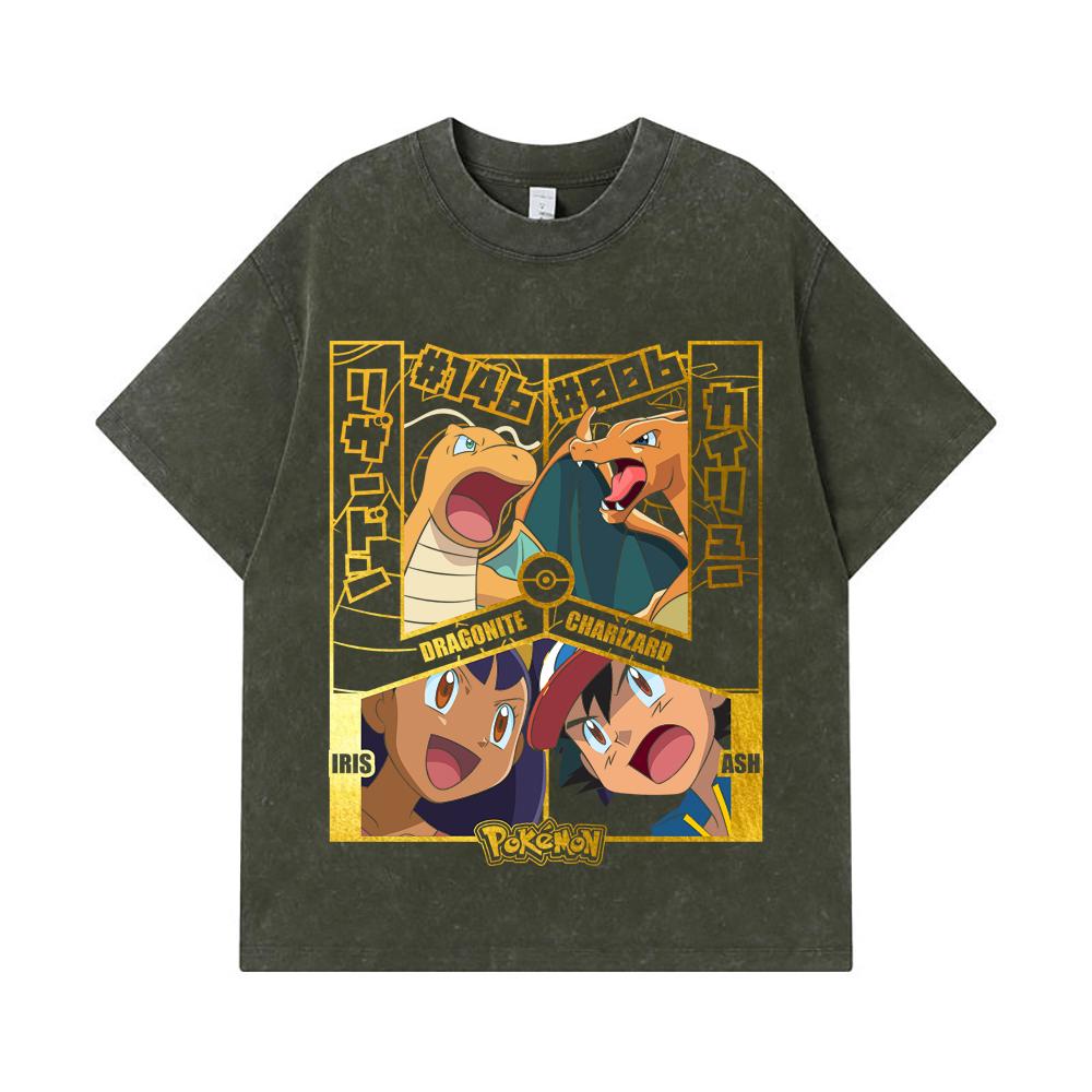 

275 GSM Washed T-shirts 100% Cotton Pokemon V24 Dragonite Charizard Print Unisex Heavy Cotton T Shirt S