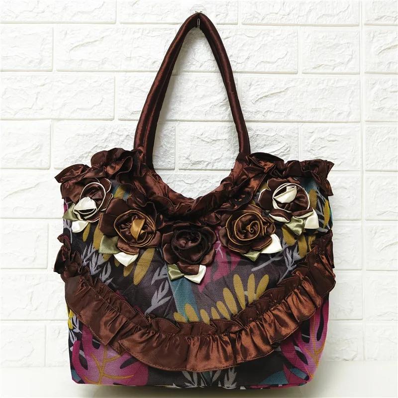 

WTEMPO Сумки большой вместимости на одно плечо Женские сумки ручной работы с цветочным принтом Сумки ханьфу в этническом стиле Сумки из шелковой ткани 40*13*30cm кофейный