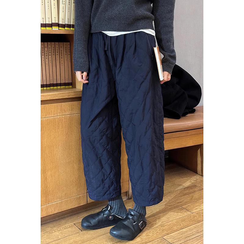 

2025 European Style Diamond Quilted Cotton Relaxed Fit Cropped Pants with Elastic Waist Large чёрный