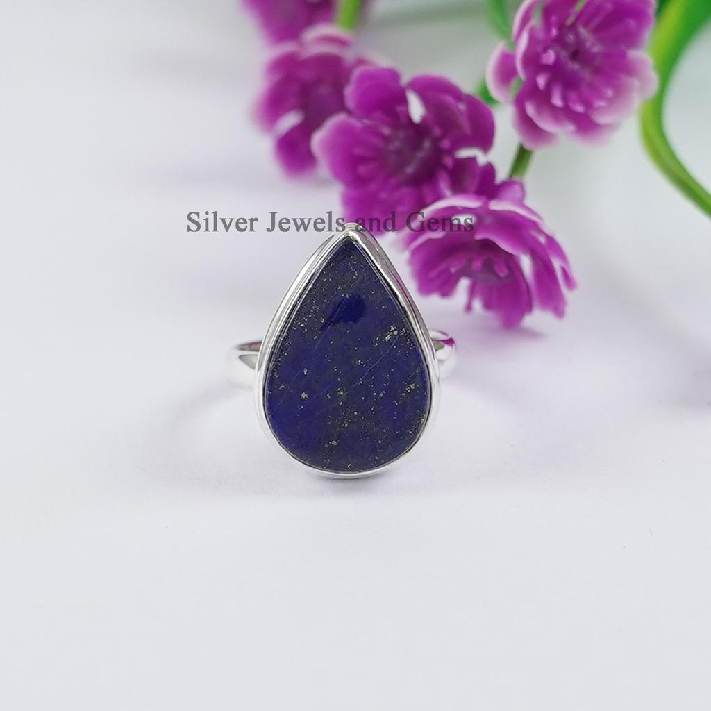 Teardrop Lapis Lazuli Ring, Handmade 925 Sterling Silver, Taurus Birthstone