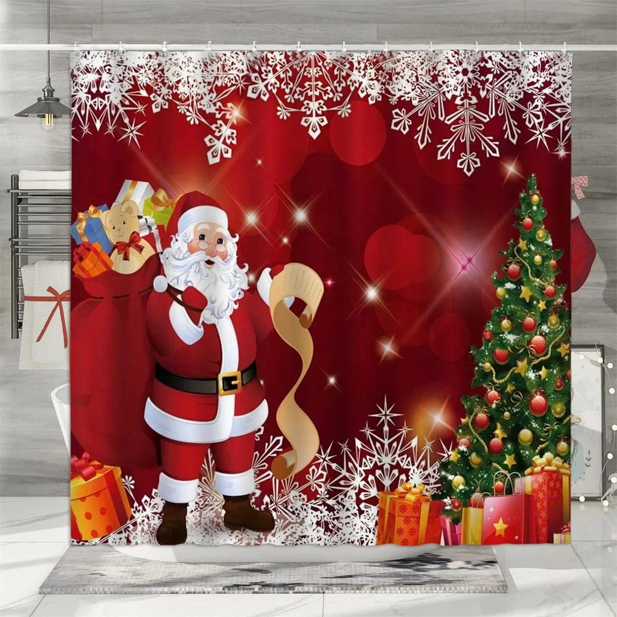

Christmas Shower Curtain, Winter Holiday Farm Snowman Santa Claus Christmas Tree Farmhouse Christmas Balls W60H190(CM)-1 Pcs