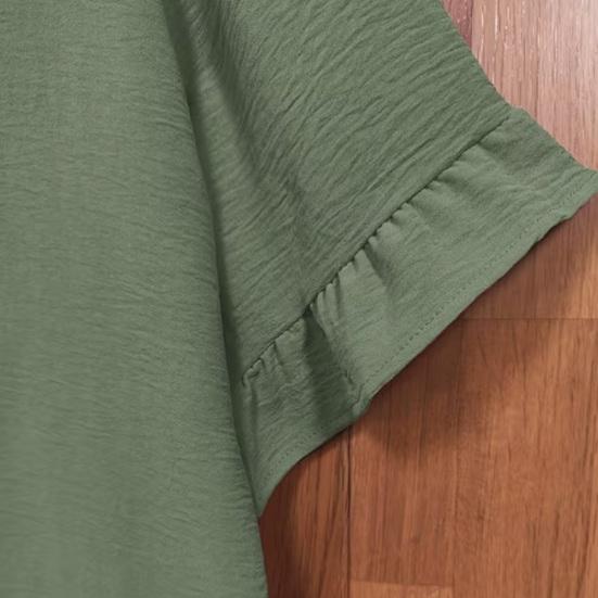 Women Tops Round Neck Short Sleeve Loose Fit Pullover Tops Pure Color Ruffle Hem