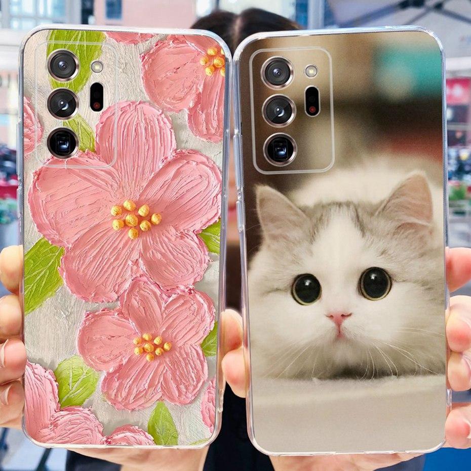 Case For Samsung Galaxy Note 20 Ultra 5G Note20 Cute Flower Cat Painted Soft Silicone TPU Cover For Samsung Note 20 20Ultra