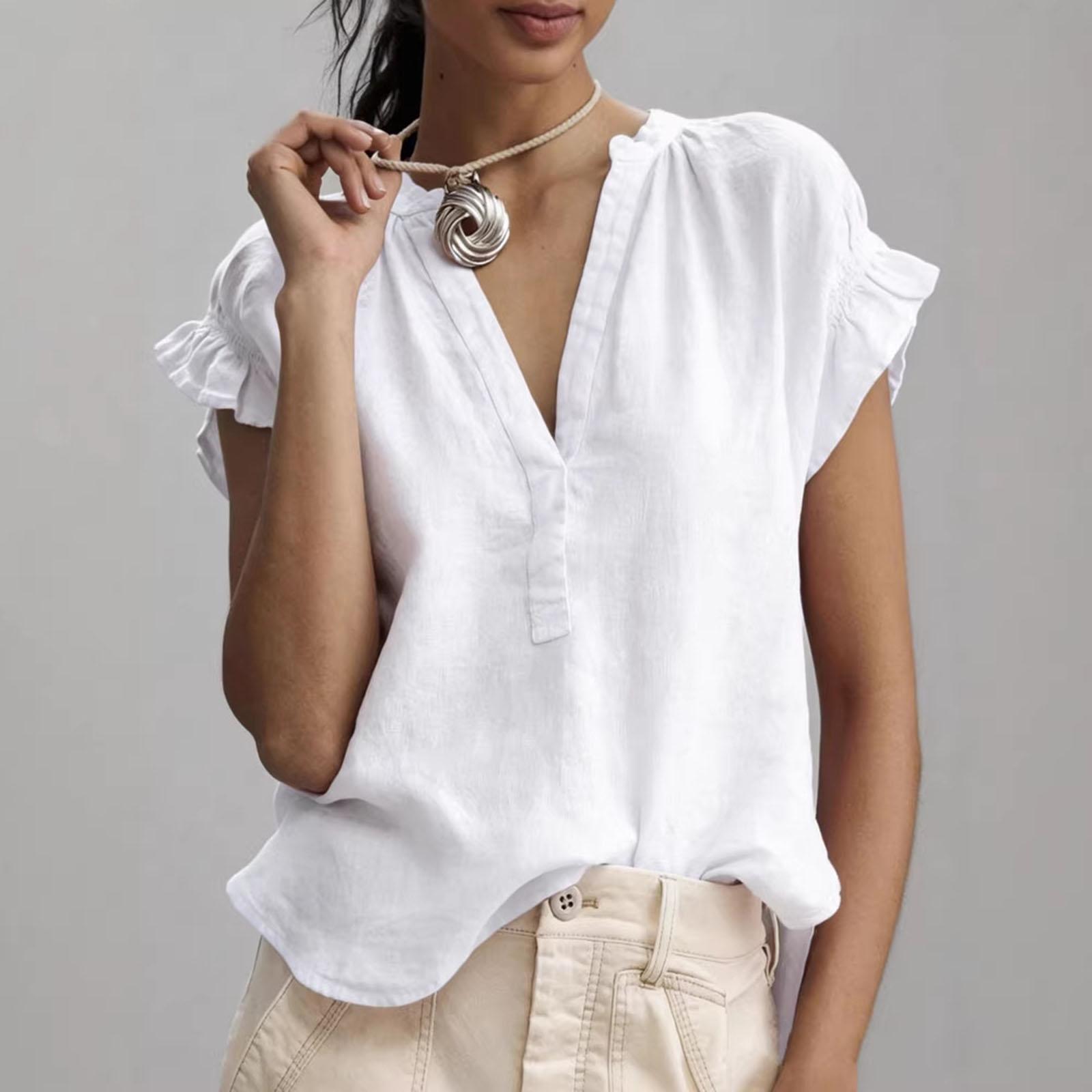 Women s Casual Ruffle Sleeve V-Neck Blouse, Loose Fit Textured Shirt, Cute Summer Sleeve Top M белый