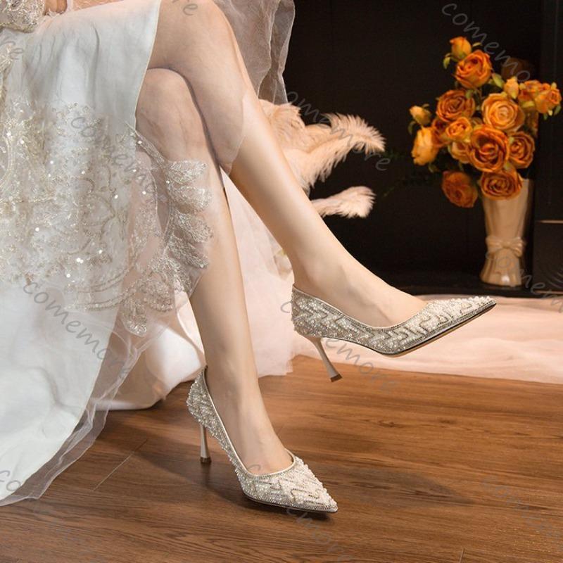 Fashion Comemore Pumps for Women Sexy Pearl Decoration Fashion Women's High Heels Sequins Dress Party Shoes Stiletto Heel Single Shoe