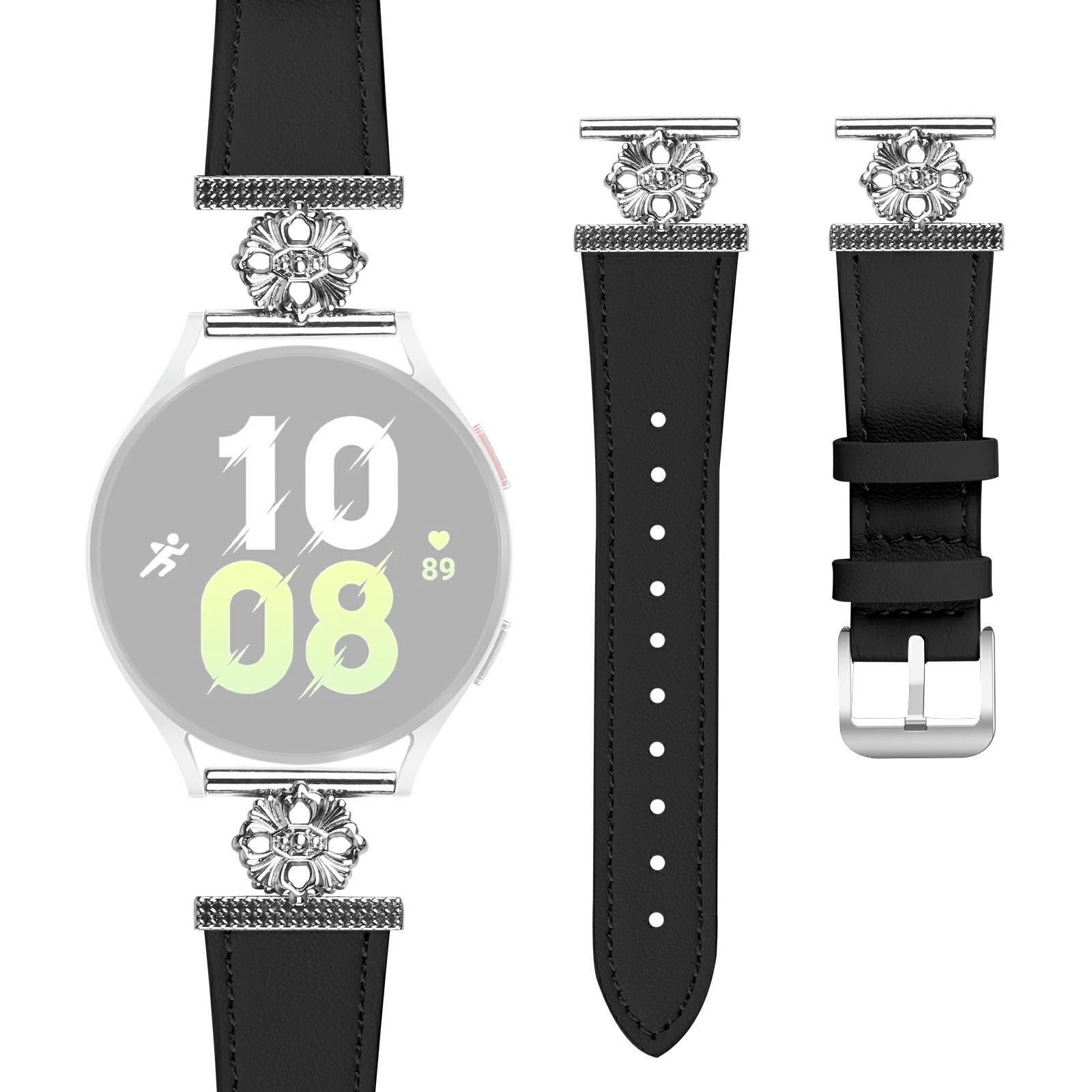 

For Samsung Galaxy Watch4 40mm/44mm Watch Band Genuine Cow Leather Flower Decor Adjustable Strap Black