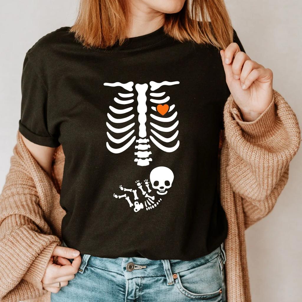 Maternity Halloween Shirt Pregnant Skeleton Baby Tee Ladies Tshirt Casual Short Sleeve FeUnisex Clothing Top Tee Tshirt