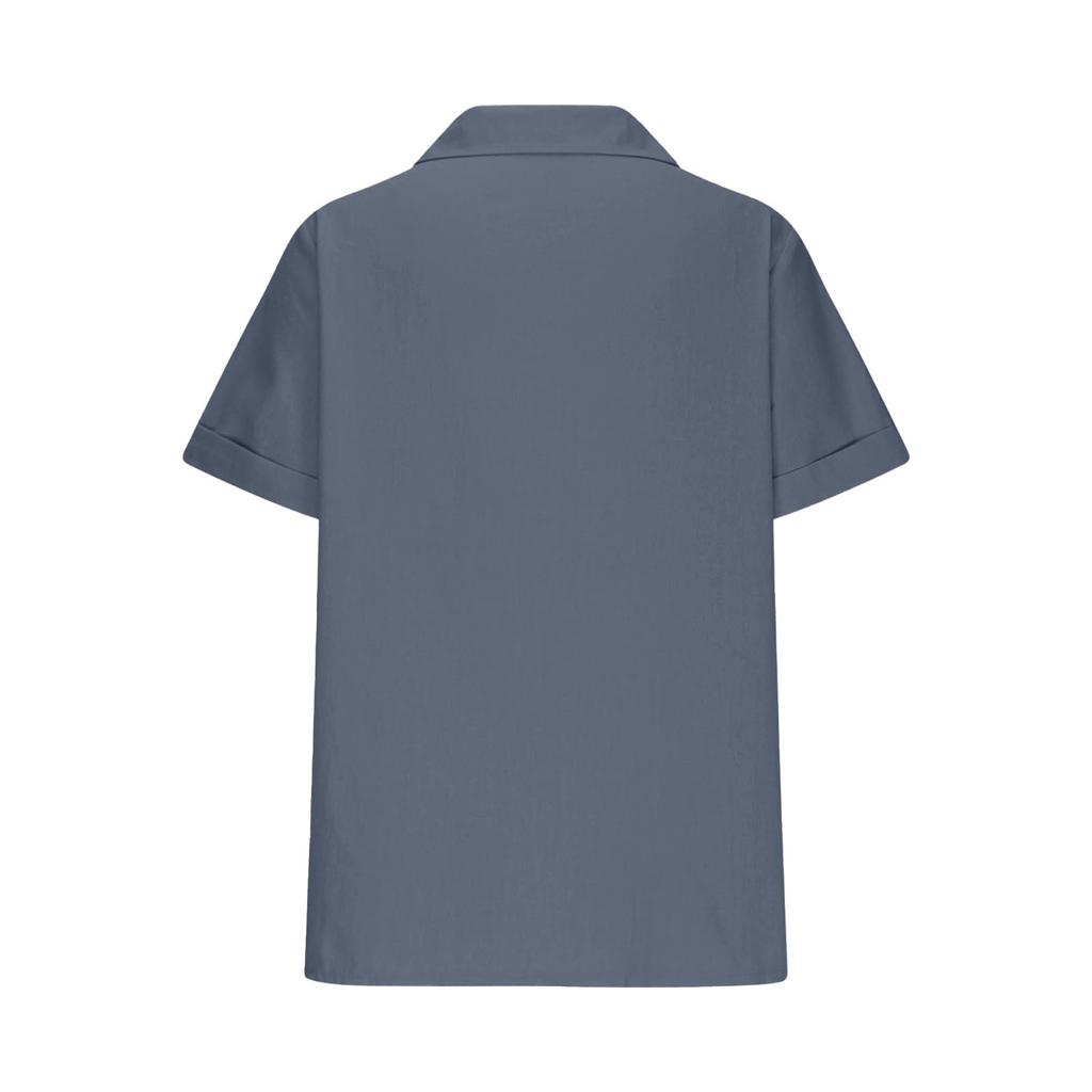 Women's Fashionable Casual Solid Color Pocket Batfly Sleeve Cotton Linen Button Up Shirt Top