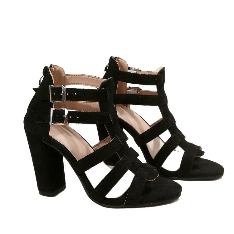 Summer new round head solid color one-character buckle wind large size women's thick high-heeled sandals