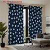 Set Of 2 Flat Printed Curtains Dark Blue Small White Flowers Pattern Polyester Fabric Home Decor Style Made