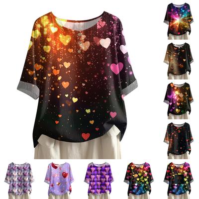 Women's Casual And Comfortable Mid-Length Round-Neck Fashion Print Cotton-Linen Top