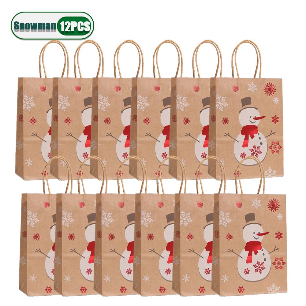 12PCS New Christmas Foil Stamped Paper Gift Bags Brown Kraft Tote with Reindeer Snowflake Tree Design for Holiday Party Presents