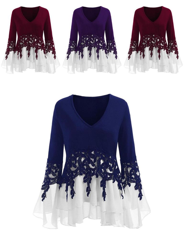Elegant Women Ladies Long Sleeve V Neck Patchwork Tunic Tops For Casual Comfort