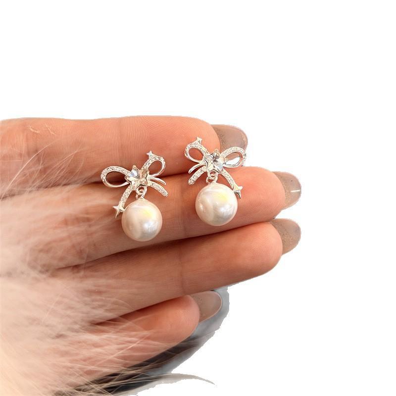 Korean Elegant Rhinestone Pearl Bow Drop Earrings for Women