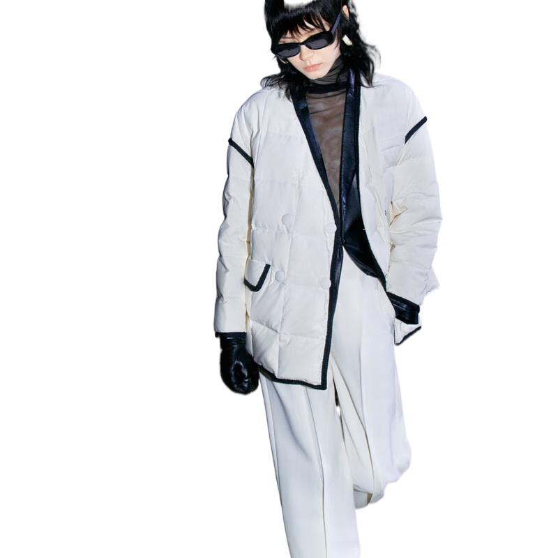 

MO&Co. Контрастная клетчатая куртка V-образного выреза на утином пуху S 160