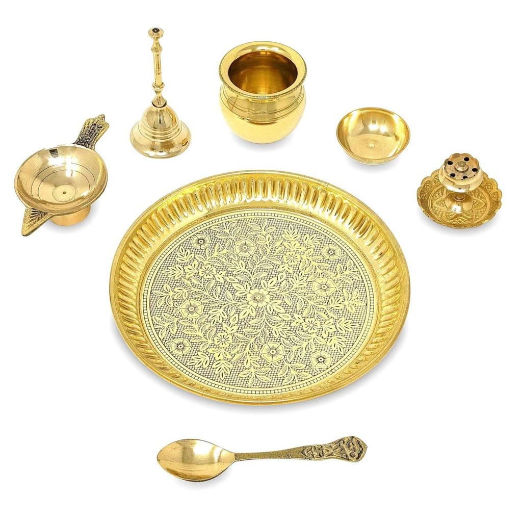 BENGALEN Brass Pooja Thali Set 6 Inch Puja Thali with Pital Plate Kalash Spoon