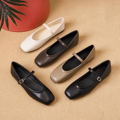 Französische Retro-Mary-Jane-Flats mit quadratischem Kopf, einzelne Schuhe, schwarze Damenschuhe, leichter Mund, niedriger Absatz, Lederschuhe