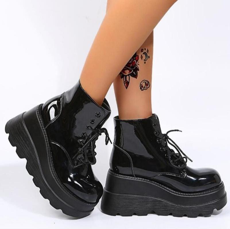 Women Boots High Topthick Sole Winter Slope Heel Lace Up Ankle Boots Women Shoes Bright Black Light Bling Black Chaussure Femme