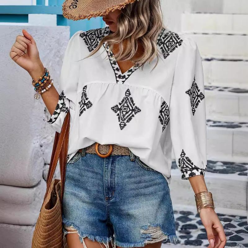 Women's Shirt Summer Fashion Printed Seven Sleeve V-Neck Top