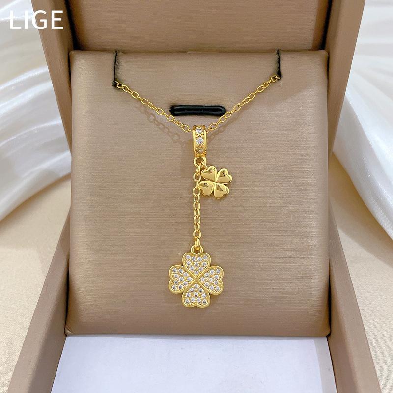 Lucky Grass Fringed Personality Light Luxury Temperament Gorgeous Full Diamond Necklace Female Versatile Collarbone Chain Titanium Steel Chain