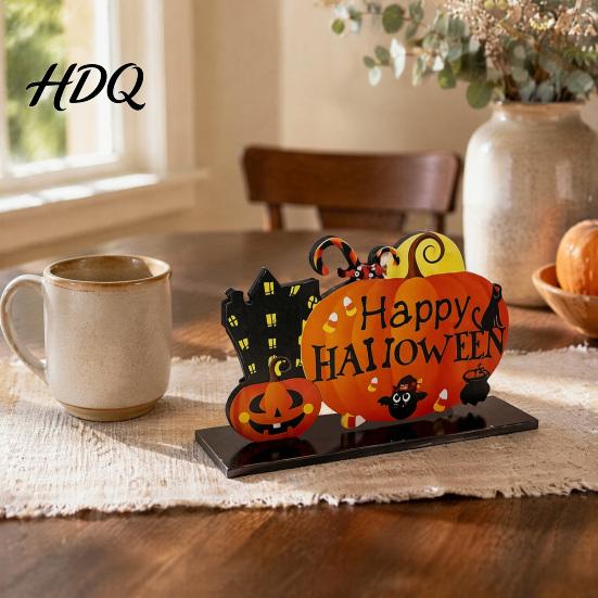 Festive Holiday Desktop Signs Halloween Wooden Tabletop Ornaments Freestanding Solid Wood Letter Signs Decorative Table Centerpiece Thickened