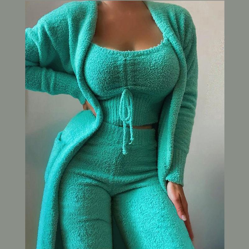

Женский флисовый комплект из 3 предметов, укороченная майка на тонких бретельках, широкие длинные брюки, пушистое кимоно, уютный пижамный комплект, женский брючный костюм M зелёный