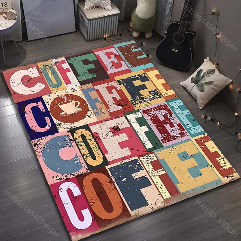 Retro Coffee Letters Print Carpet for Living Room Bedroom Bedside Sofa Floor Mat Modern Home Decor Area Rug Large Size