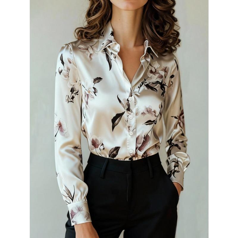 Women Summer Floral Print Satin Long Sleeve Shirt