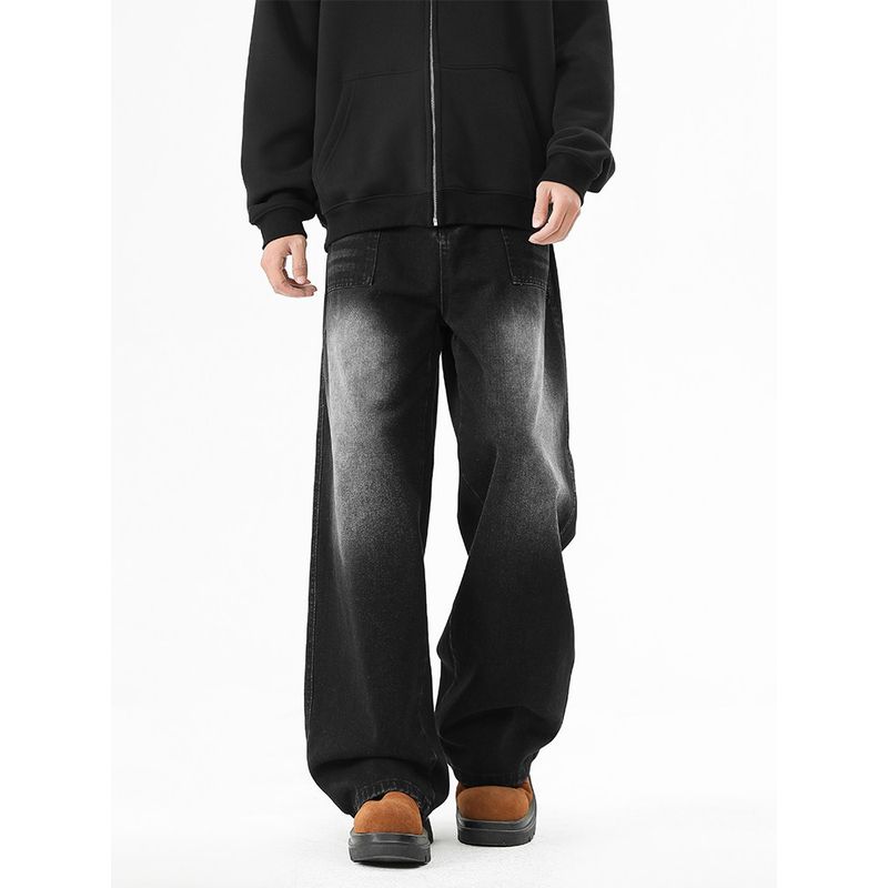 Wassup Retro Gradient Black Washed Jeans Men's Straight-Leg Cool Workwear Casual Trendy Wide-Leg Long Pants