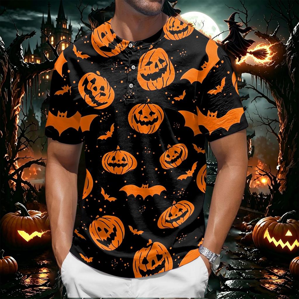 Men's Halloween Short Sleeve Henley Shirt Pumpkin and Bat Print Casual Lightweight Breathable Top for Seasonal Wear