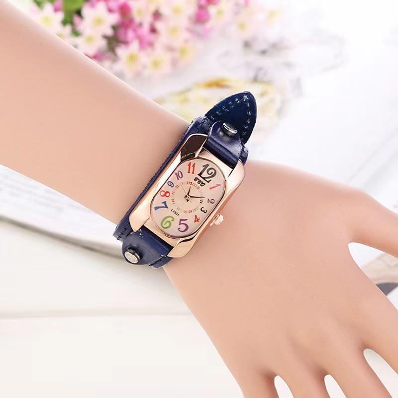Trendy Men's Leather Belt Watch & Women's Colorful Numbers Quartz Wristwatch