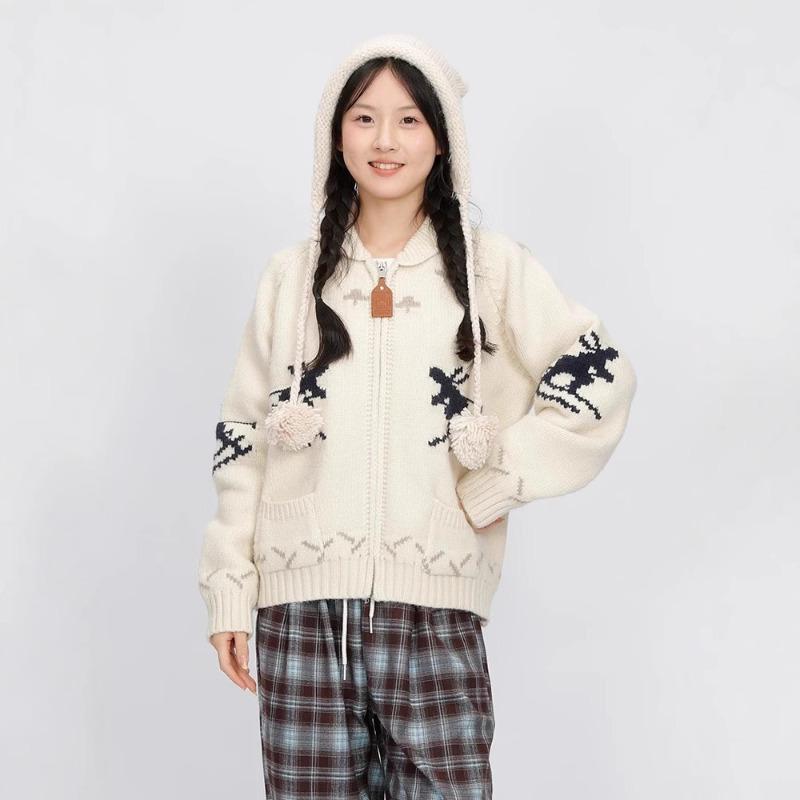 Zipper Lapel Jacquard Sweater Cardigan Women's Autumn and Winter Lazy Soft Waxy Top High-end Warm Knitted Jacket