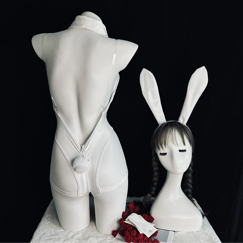 Hot Erotic Original Sexy Cute Bunny Girl Cosplay White Faux Leather Zipper Jumpsuit Backless Halloween Temptation Anime Lingerie