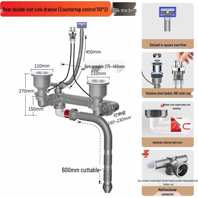 

Xuanyong Extendable Rear-Mounted Double Basin Kitchen Sink Drainer