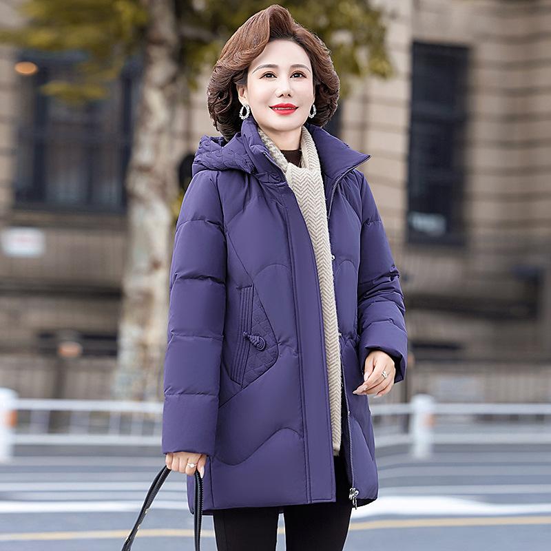 Counter Middle-aged and Elderly Down Jacket Women's Medium and Long Winter New Thickened Warm Hooded White Duck Down Mother Coat