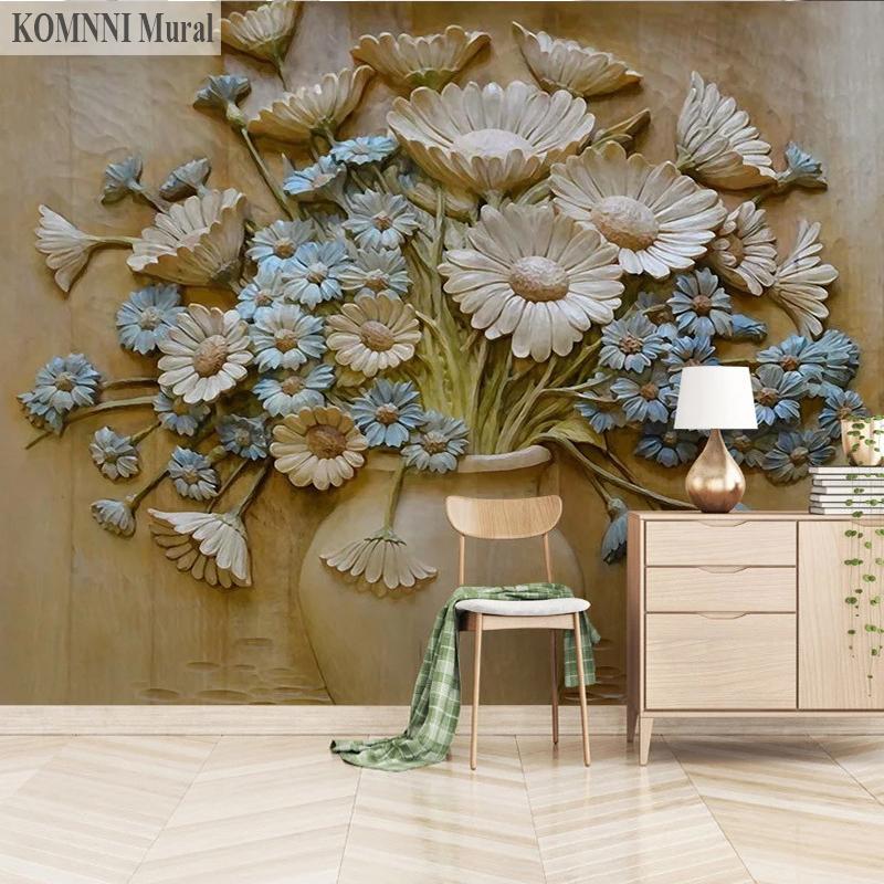 3D Embossed Vase Flower Art Wallpaper Wall Painting European Style Living Room Study Room Bedroom Mural Decor