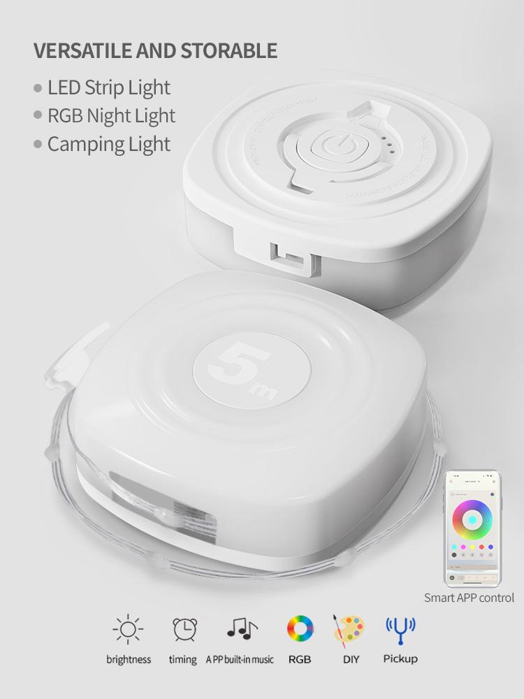 

Портативные светодиодные гирлянды RGB для кемпинга – водонепроницаемые перезаряжаемые через USB светильники с управлением через приложение Smart App для украшения внешней палатки 5M белый