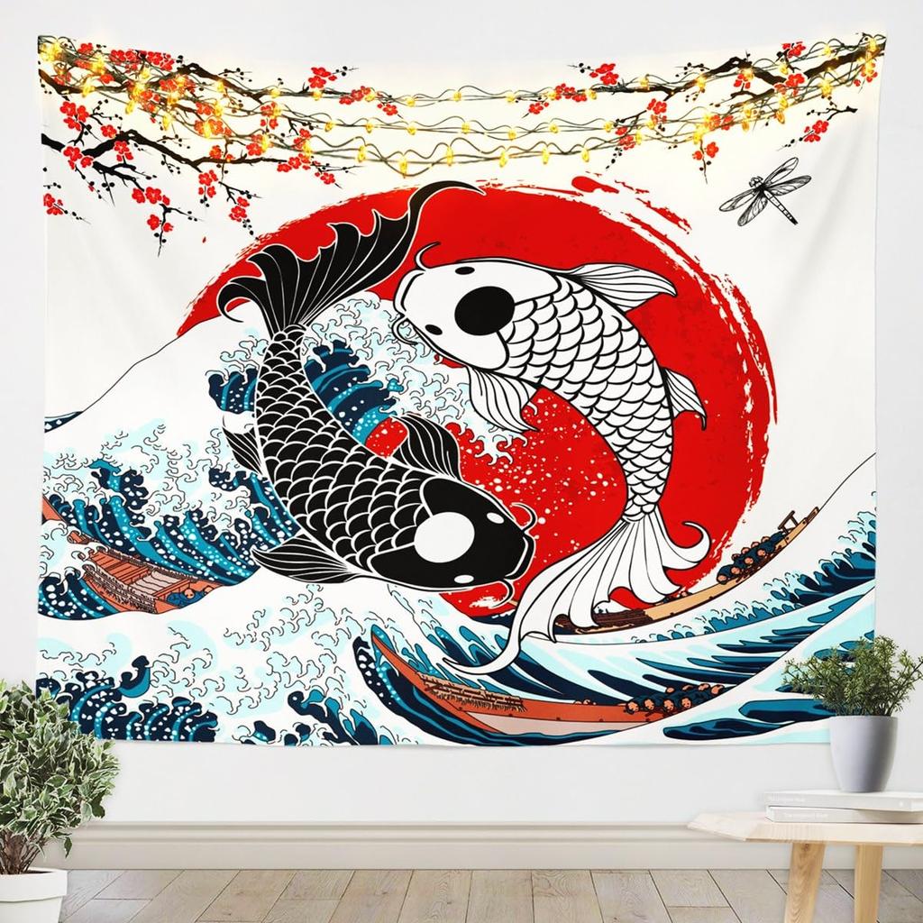 Tapeçaria de Peixe Japonês, Peixe Carpa Tai Chi Preto e Branco Pendurado na Parede Arte para Crianças Adolescentes Mulheres Homens Decoração de Quarto, Ondas do Oceano Ukiyoe