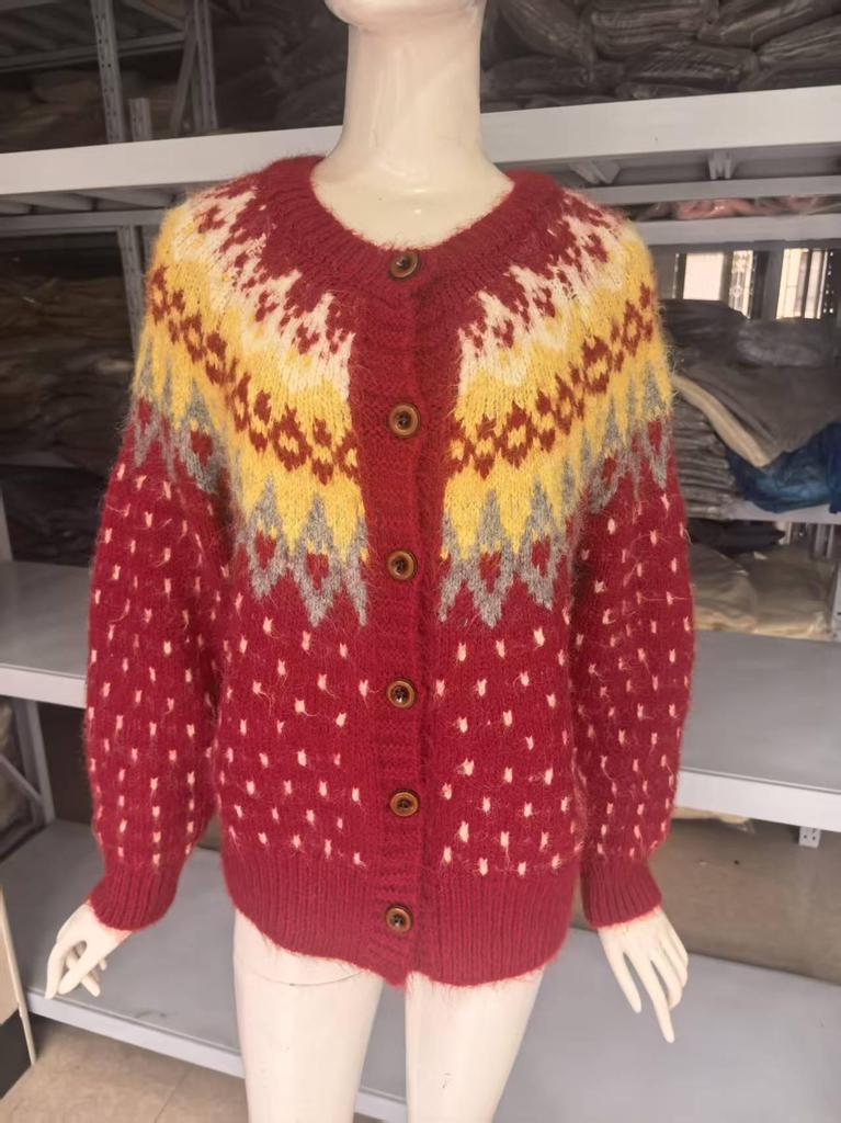 Women's Fair Isle Jacquard Wool Cardigan: Soft, Retro, Loose, Round Neck Knitwear for Autumn/Winter