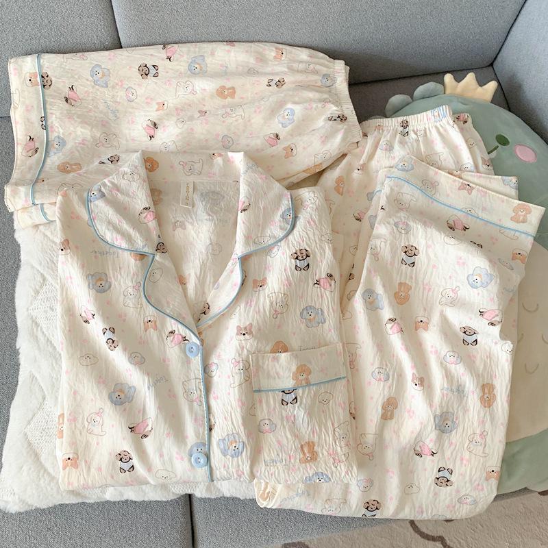 Blue Bear Women's Summer Cotton Pajama Set - Short-Sleeved, Cute Cartoon Design, Three-Piece Loungewear.