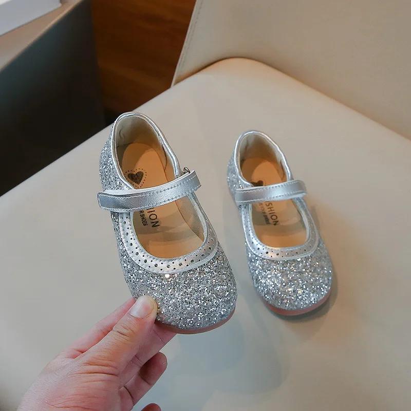 Girls Leather Shoes Children Flats Princess Spring Summer New Kids Dress Shoes for Wedding Party Bling Glitter H09054