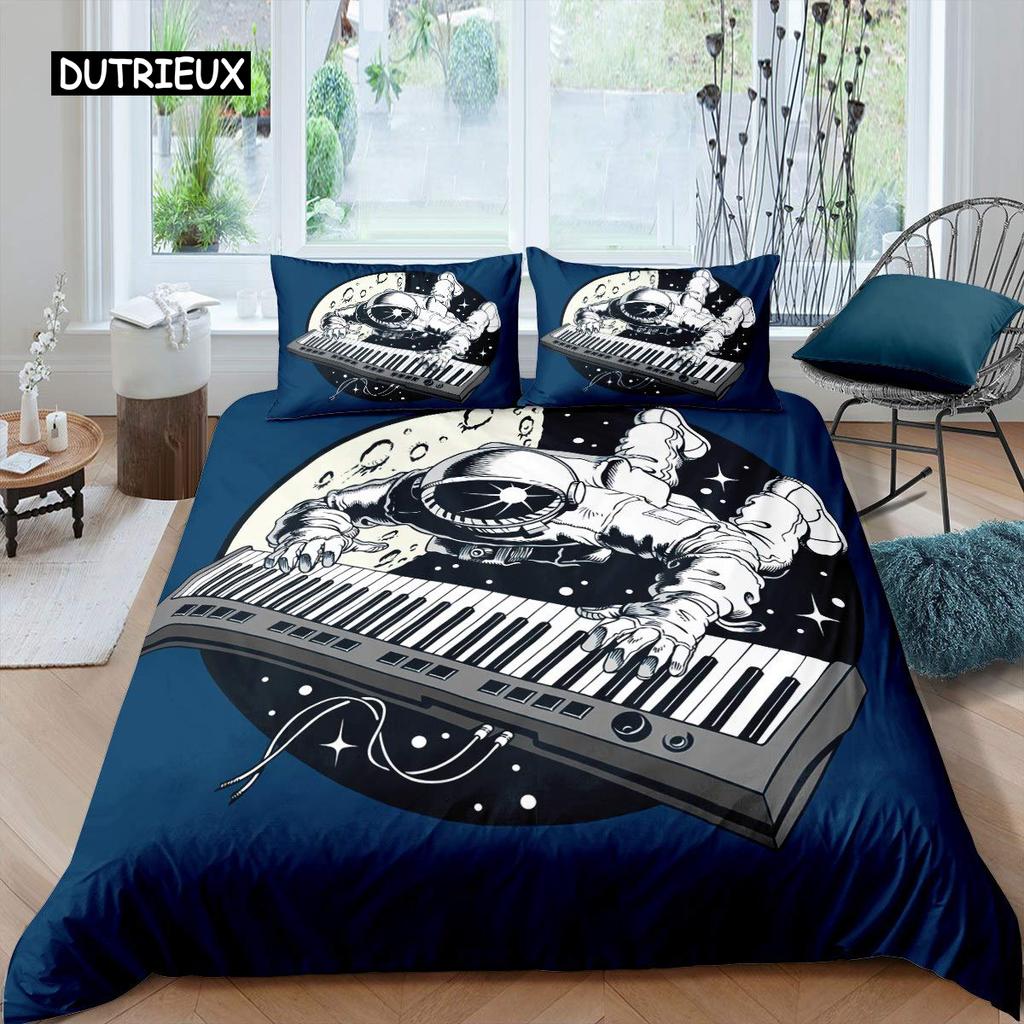 Astronaut Duvet Cover Set Astronaut Playing Guitar Bedding Set Teen Boys Kids Galaxy Stars Outer Space Polyester Comforter Cover
