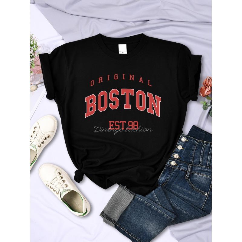 

Оригінальна футболка з написом Boston Est.98 Street Жіноча Літня Дихаюча Футболка Хіп-Хоп Повсякденна Крута з Коротким Рукавом М який Вуличний Одяг L