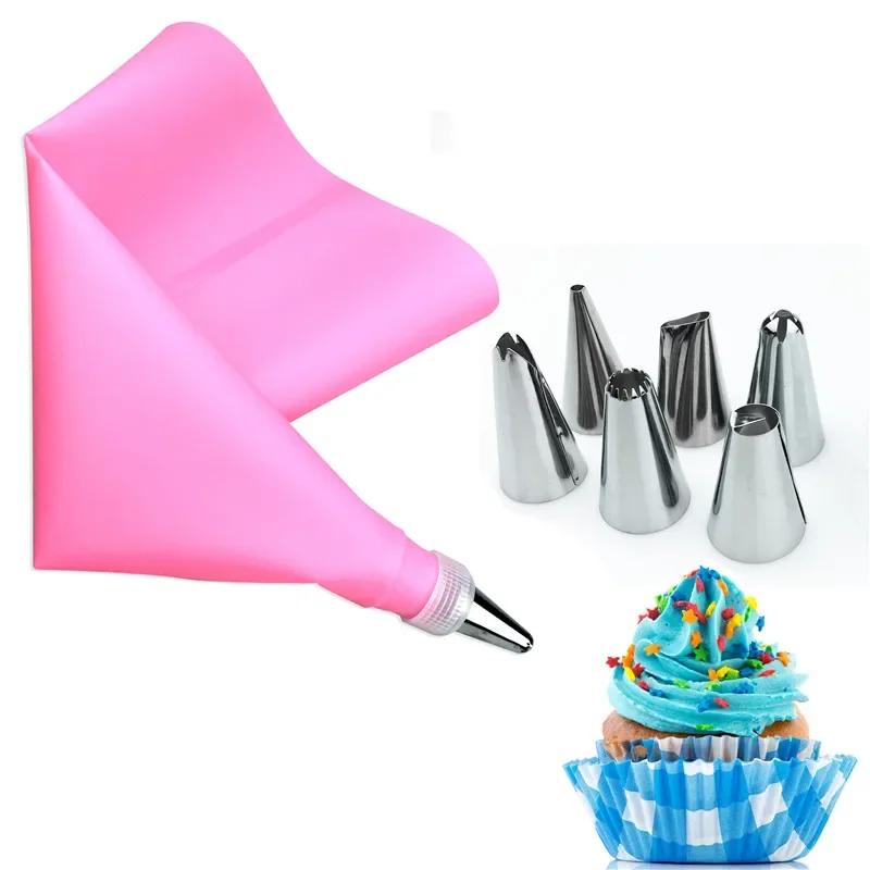 6 Stainless Steel DIY Cake Decorating Tips Set, 8Pcs/Set Silicone Kitchen Accessories Icing Piping Cream Pastry Bag