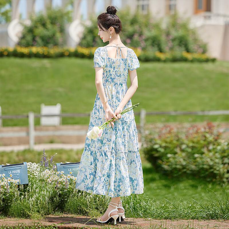 Women's Floral Print Square Neck Puff Sleeve Tie-Waist Midi Dress