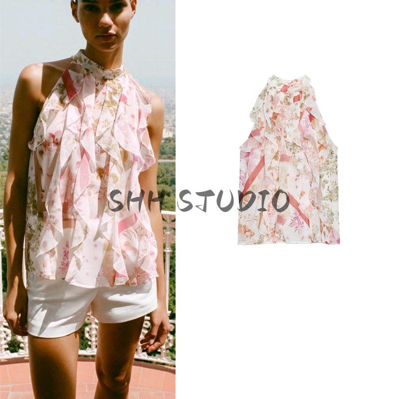 Summer New Product Women's Clothes Turtleneck Sleeveless Translucent Flower Print Laminated Decoration Tops 2298125