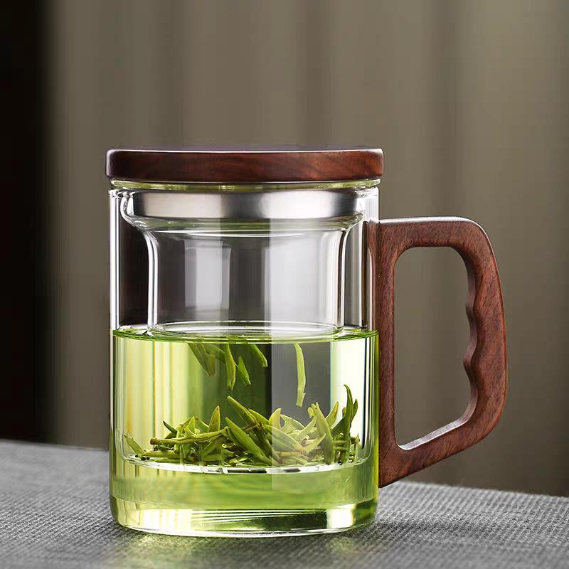 

Селадоновая стеклянная чашка с крышкой и деревянной боковой ручкой - Дизайн с разделением чая и воды 301-400ml